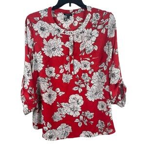 Sami & Jo Red Floral Sheer Pullover Roll Tab Sleeve V-neck Top 2x